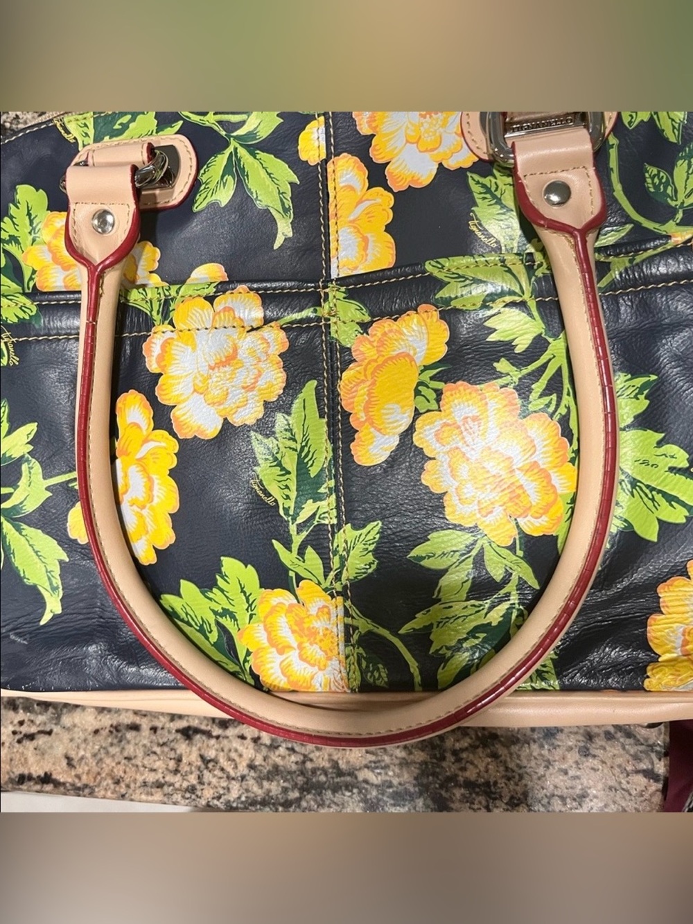TIGNANELLO. Navy Floral Shoulder Bag with Yellow Roses & Green Accents